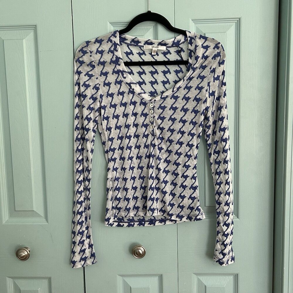 AnM Y2K Womens Henley Semi Sheer Long Sleeve Top Med Indie Layering Blue White